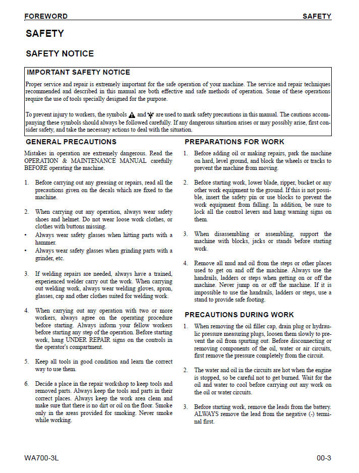 Komatsu WA700-3L Wheel Loader Workshop Manual CEBD004402