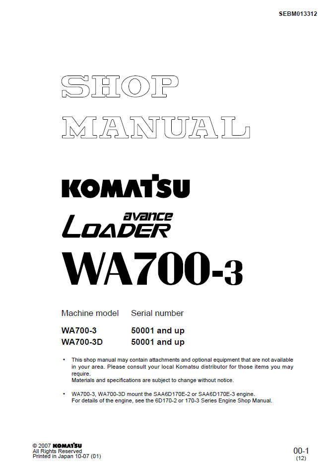 Komatsu WA700-3 Loader Shop Manual SEBM013312 PDF