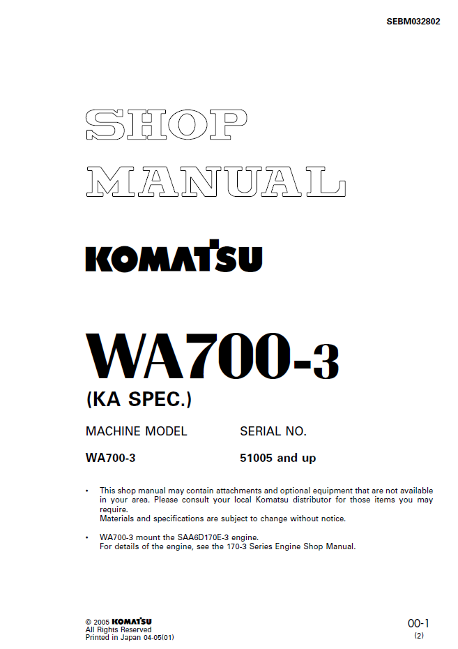 Komatsu WA700-3 Wheel Loader Shop Service Manual (SEBD032802) - PDF Download