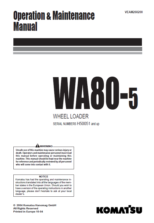 Komatsu WA80-5 Wheel Loader Operation & Maintenance Manual (PDF)