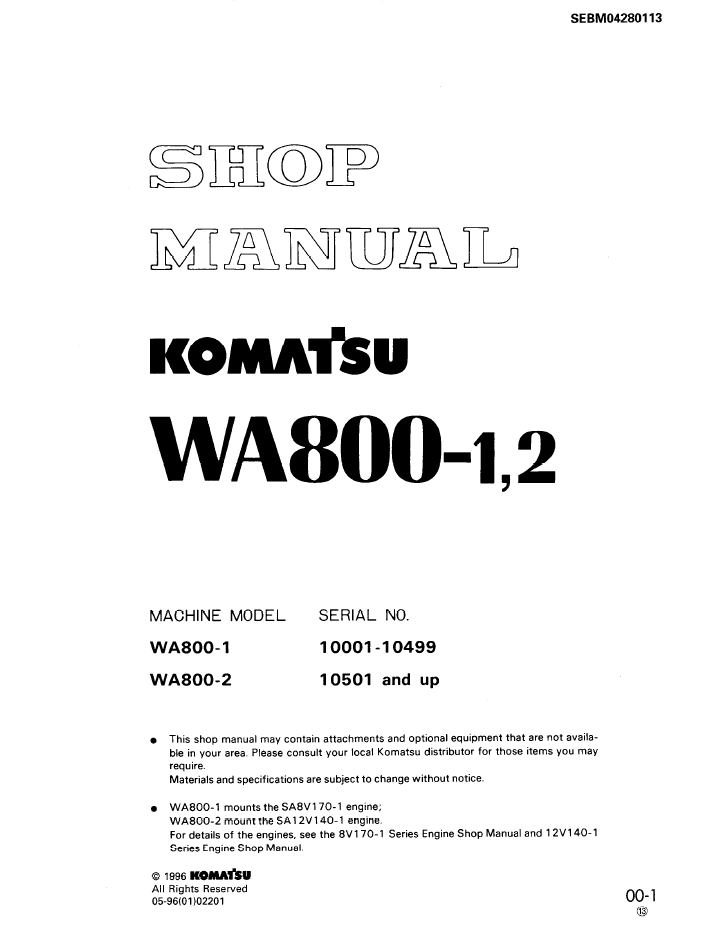 Komatsu WA800-1/2 Wheel Loader Shop Manual SEBD04280113