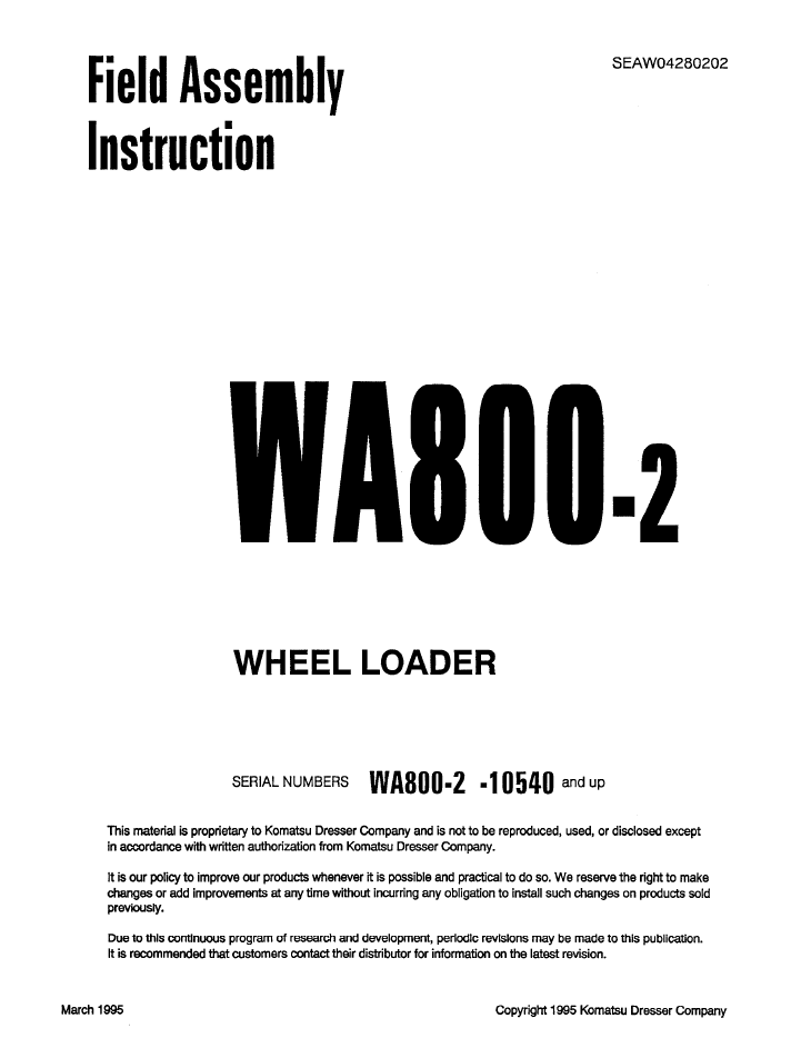 Komatsu WA800-2 Wheel Loader Field Assembly Manual (SEAWD04280202) - PDF Download
