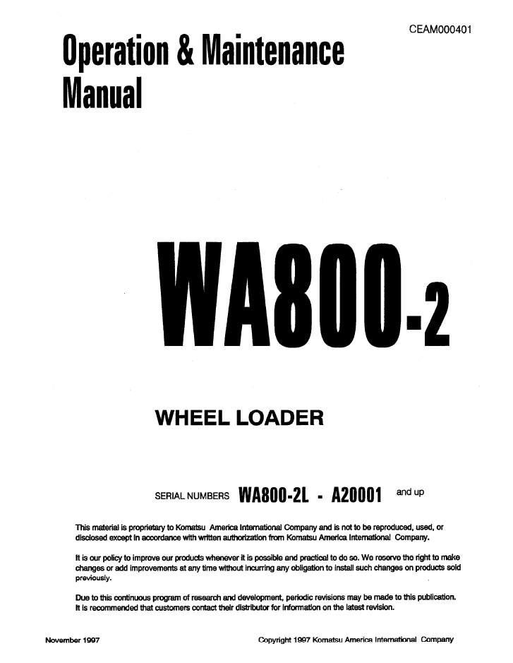Komatsu WA800-2 Wheel Loader Manual CEAD000401 PDF