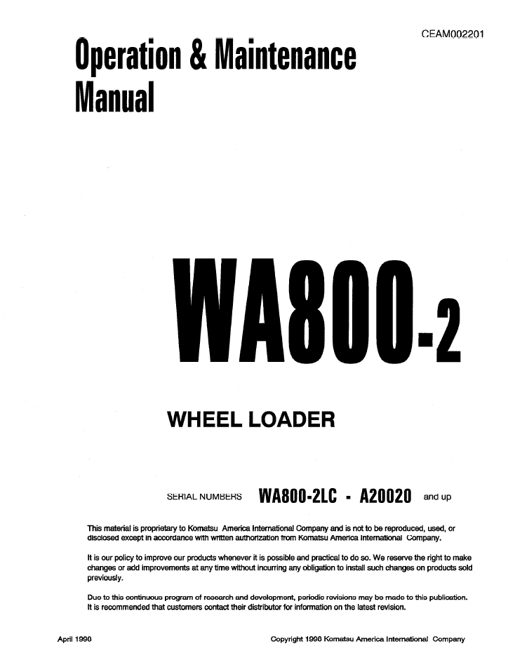 Komatsu WA800-2 Wheel Loader Manual CEAD002201 PDF