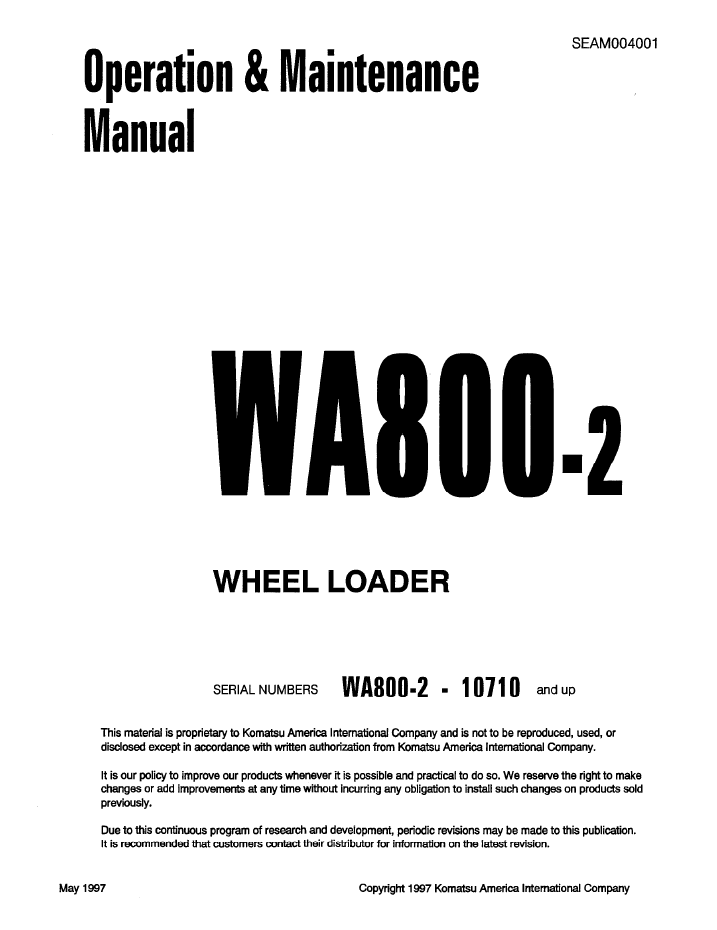 Komatsu WA800-2 Wheel Loader Operation & Maintenance Manual SEAD004001 PDF