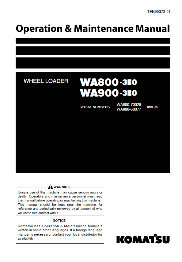 Komatsu WA800-3E0 & WA900-3E0 Wheel Loader Operation & Maintenance Manual PDF