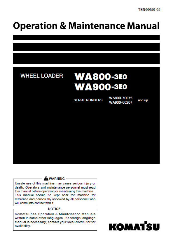 Komatsu WA800-3E0, WA900-3E0 Wheel Loader Operation & Maintenance Manual PDF