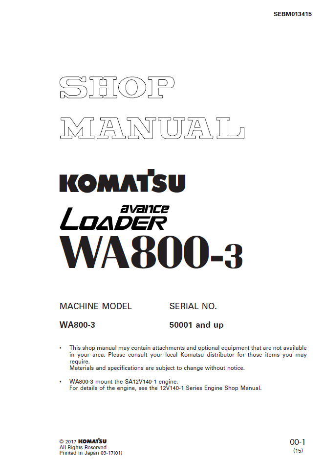 Komatsu WA800-3 Loader Shop Manual SEBM013415 PDF