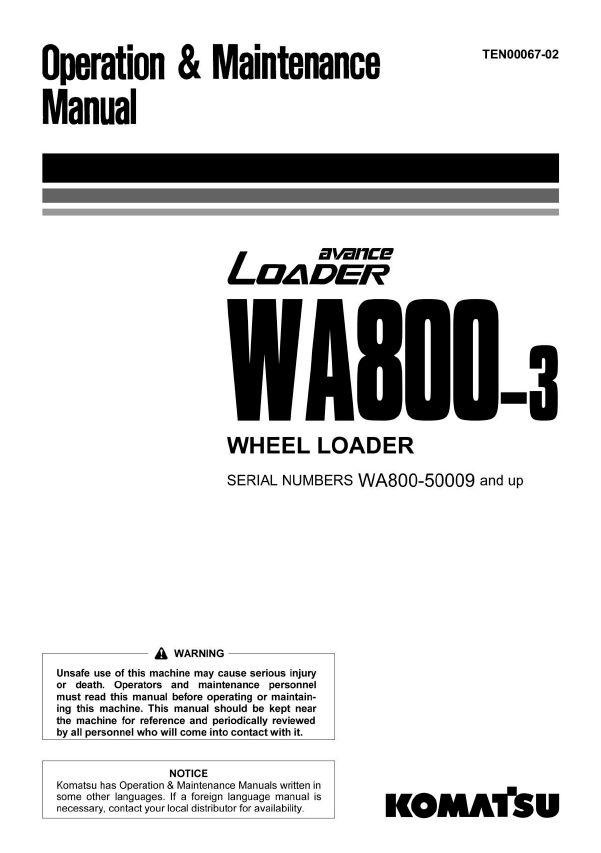 Komatsu WA800-3 Wheel Loader Operation & Maintenance Manual PDF