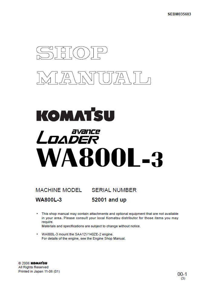 Komatsu WA800L-3 Loader Shop Manual SEBM035603 PDF