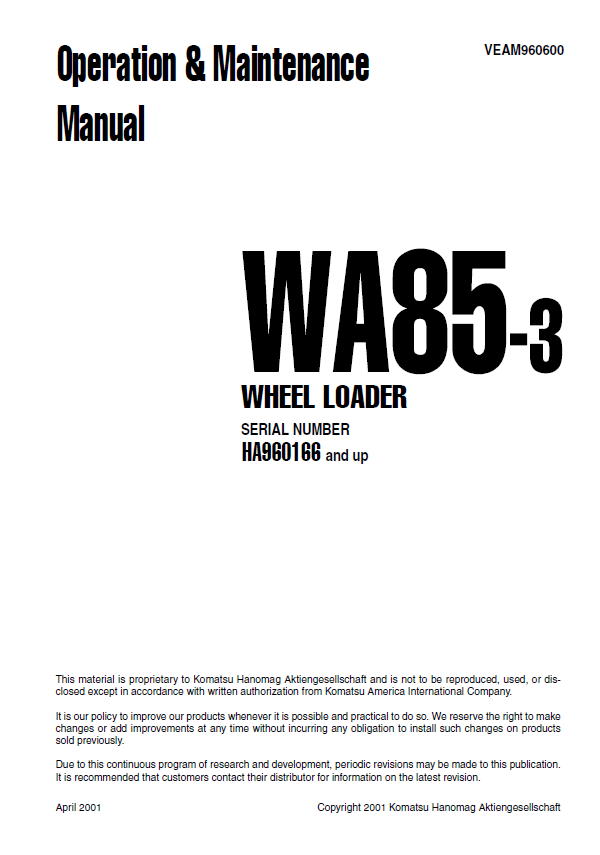 Komatsu WA85-3 Wheel Loader Operation & Maintenance Manual (PDF)