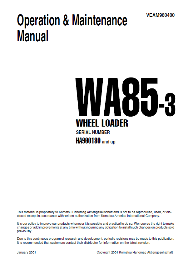 Komatsu WA85-3 Wheel Loader Operation & Maintenance Manual (PDF)