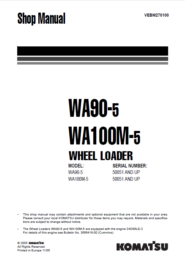 Komatsu WA90-5 & WA100M-5 Wheel Loader Shop Repair Manual PDF