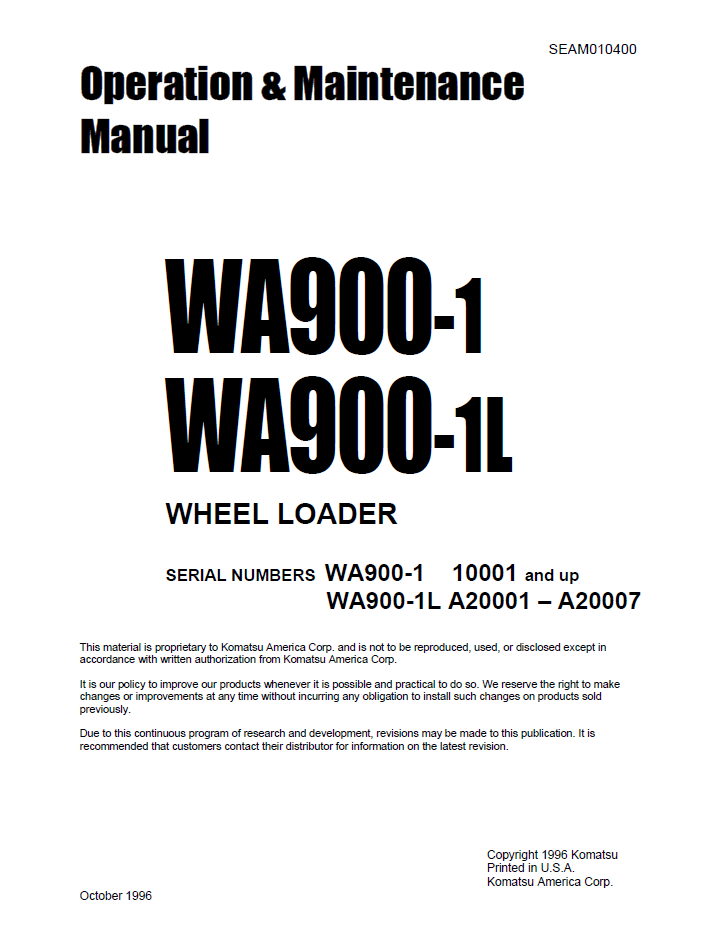 Komatsu WA900-1 WA900-1L Wheel Loader Manual SEAD010400