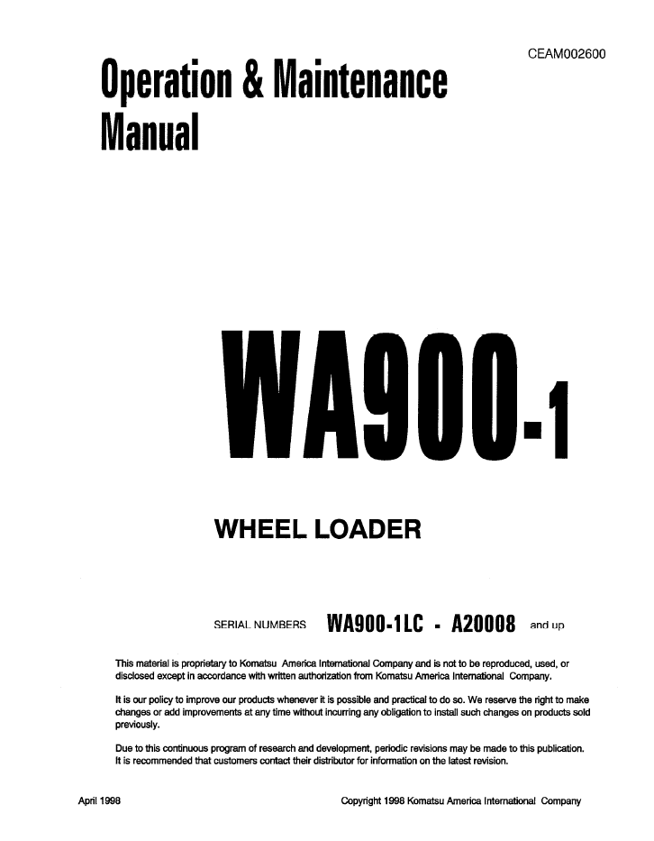 Komatsu WA900-1 Wheel Loader Manual CEAD002600 PDF