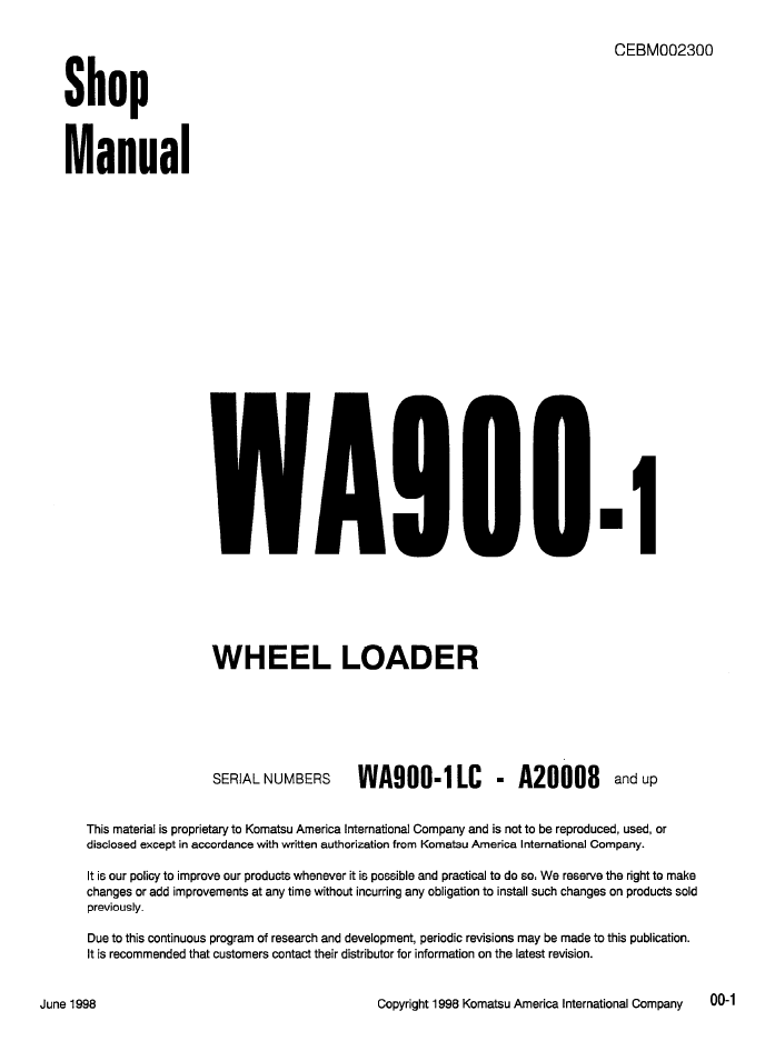 Komatsu WA900-1 Wheel Loader Shop Manual CEBD002300 PDF