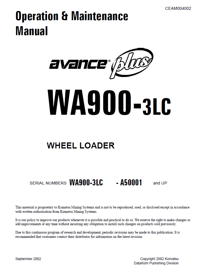 Komatsu WA900-3LC Wheel Loader Manual CEAD004002 PDF