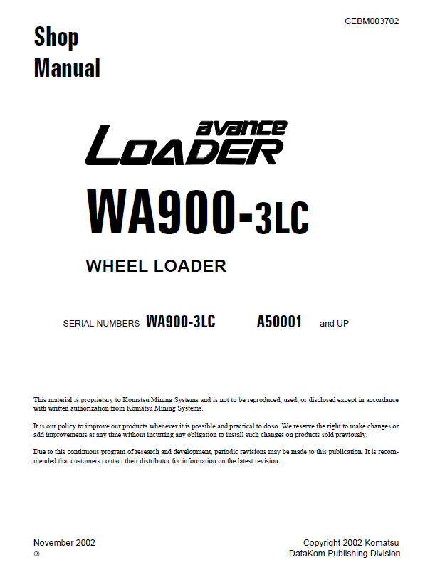Komatsu WA900-3LC Wheel Loader Shop Manual CEBD003702 PDF

