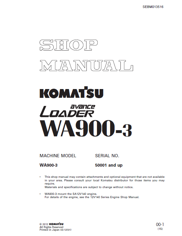 Komatsu WA900-3 Loader Shop Manual SEBM013516 PDF