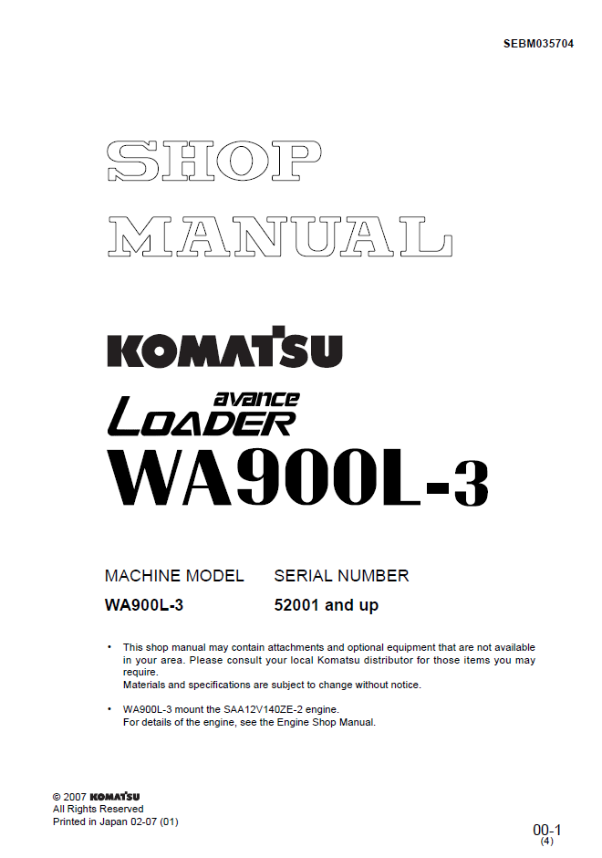 Komatsu WA900L-3 Loader Shop Manual SEBM035704 PDF