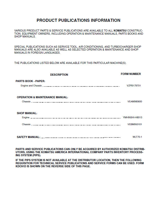 Komatsu WA95-3 Wheel Loader Official Operator & Service Maintenance Guide