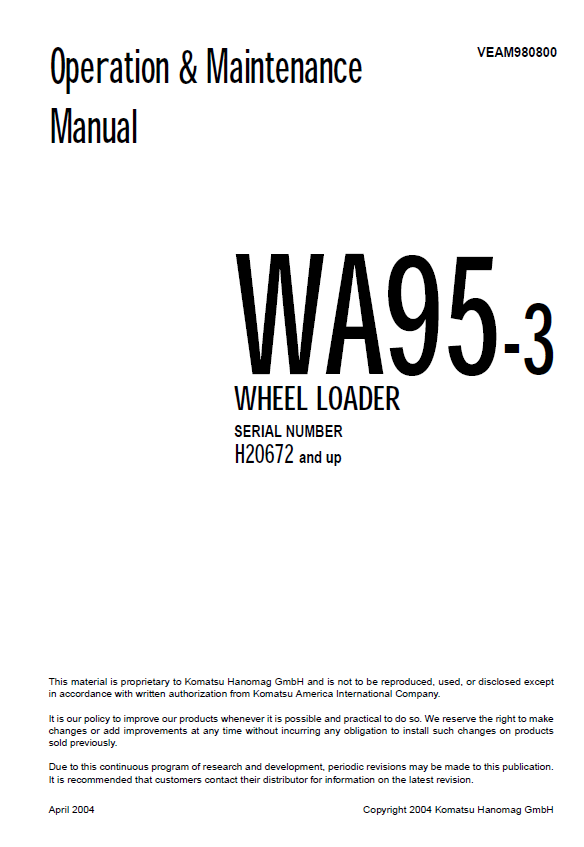 Komatsu WA95-3 Wheel Loader Operation & Maintenance Manual PDF Download
