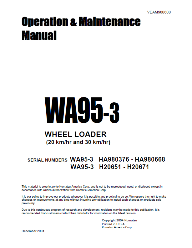 Komatsu WA95-3 Wheel Loader Operation and Maintenance Manual (PDF Download)
