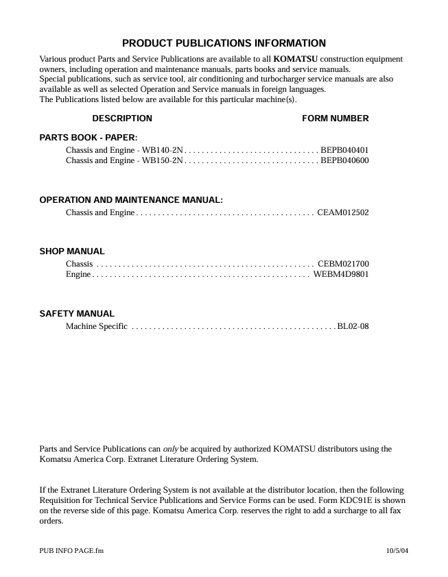 Komatsu WB140-2N, WB150-2N Backhoe Loader Maintenance Manual