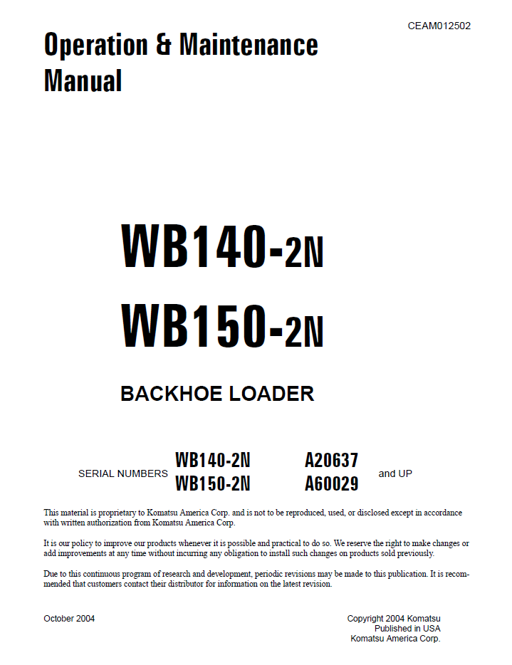 Komatsu WB140-2N WB150-2N Backhoe Loader Operation & Maintenance Manual CEAD012502