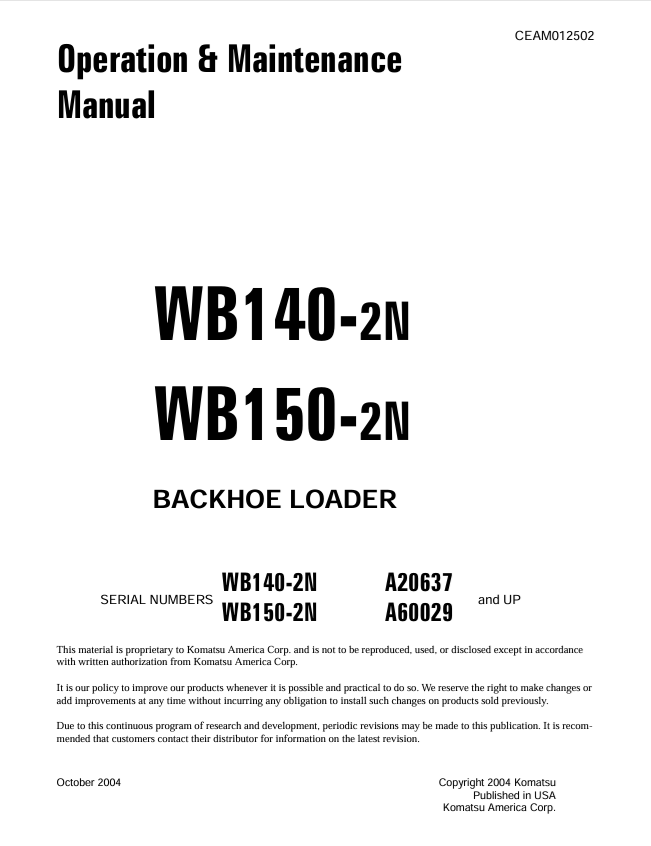 Komatsu WB140-2N, WB150-2N Backhoe Loader Operation Manual PDF