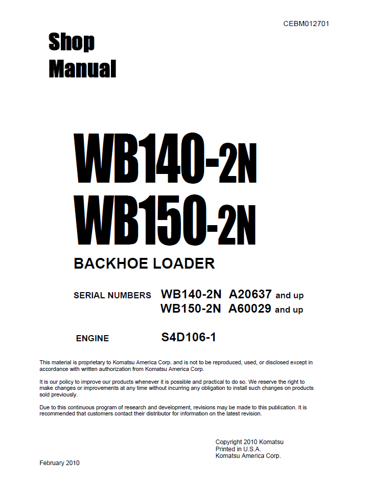 Komatsu WB140-2N WB150-2N Backhoe Loader Shop Manual CEBM012701