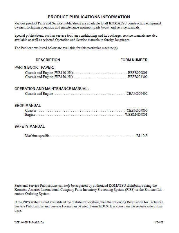 Komatsu WB140-2N WB150-2N Maintenance Manual CEAD009402 PDF