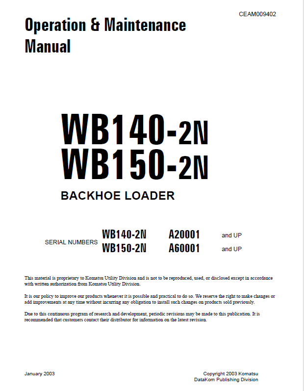 Komatsu WB140-2N WB150-2N Operation Manual CEAD009402 PDF