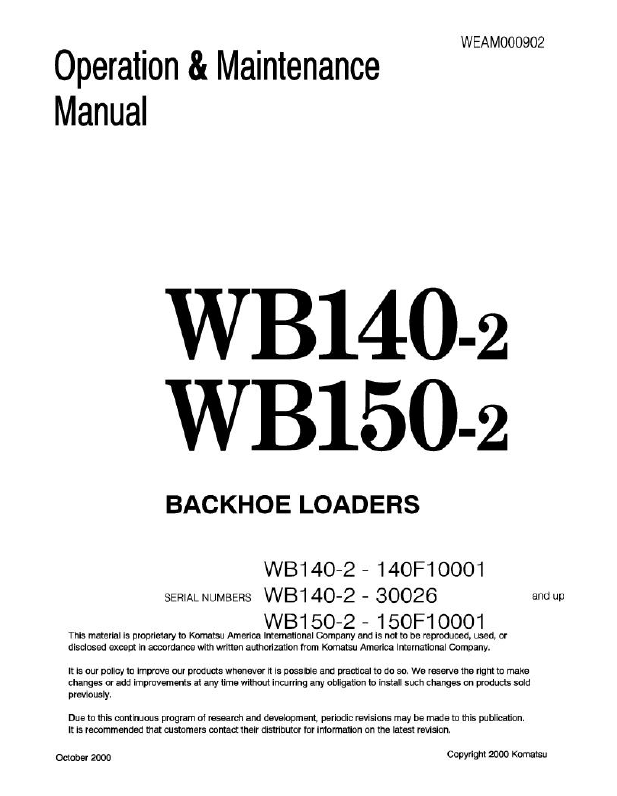 Komatsu WB140-2 WB150-2 Backhoe Loader Operation & Maintenance Manual PDF