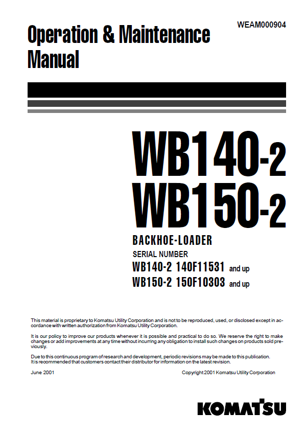 Komatsu WB140-2 WB150-2 Backhoe Loader Operation & Maintenance Manual (WEAM000904 PDF)