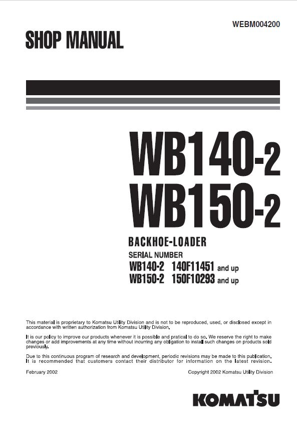 Komatsu WB140-2 & WB150-2 Backhoe Loader Service & Repair Manual (PDF)