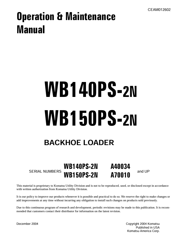 Komatsu WB140PS-2N, WB150PS-2N Backhoe Loader Manual PDF