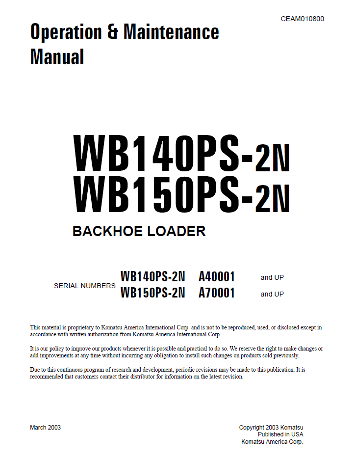 Komatsu WB140PS-2N WB150PS-2N Backhoe Loader Operation & Maintenance Manual CEAD010800