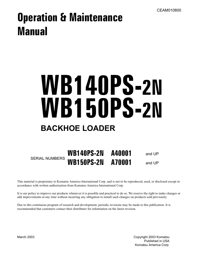 Komatsu WB140PS-2N & WB150PS-2N Backhoe Loader Operation & Maintenance Manual PDF – CEAM010800