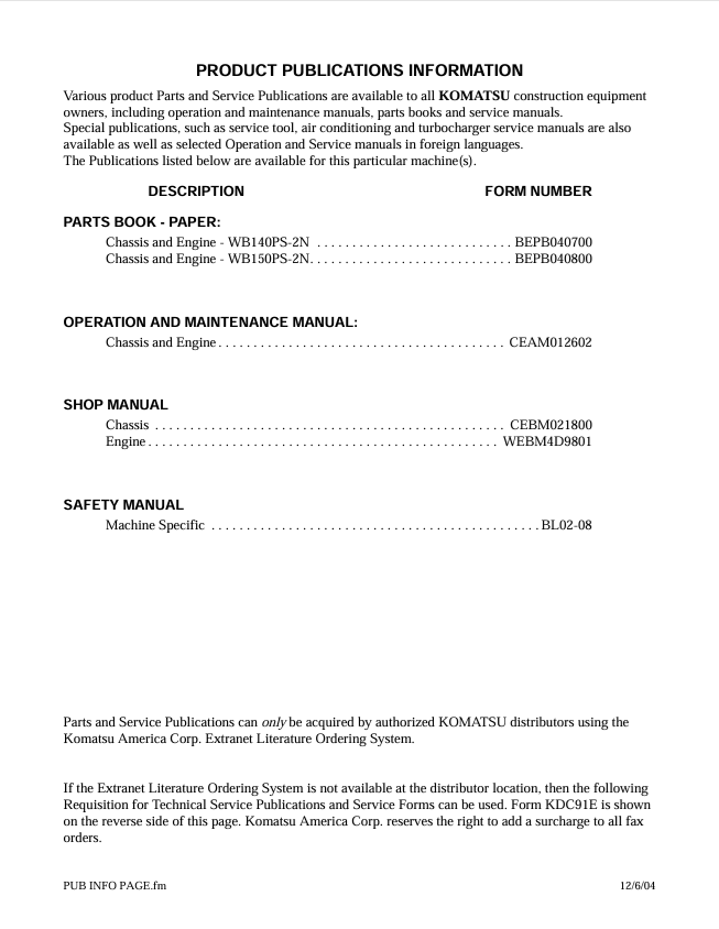 Komatsu WB140PS-2N & WB150PS-2N Operation Maintenance Manual