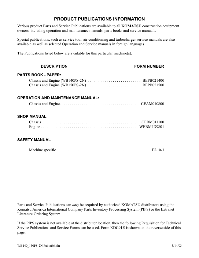 Komatsu WB140PS-2N WB150PS-2N Operation & Maintenance Manual PDF | Publication No. CEAM010800