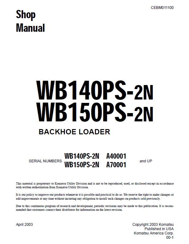 Komatsu WB140PS-2N WB150PS-2N Shop Manual CEBD011100 PDF