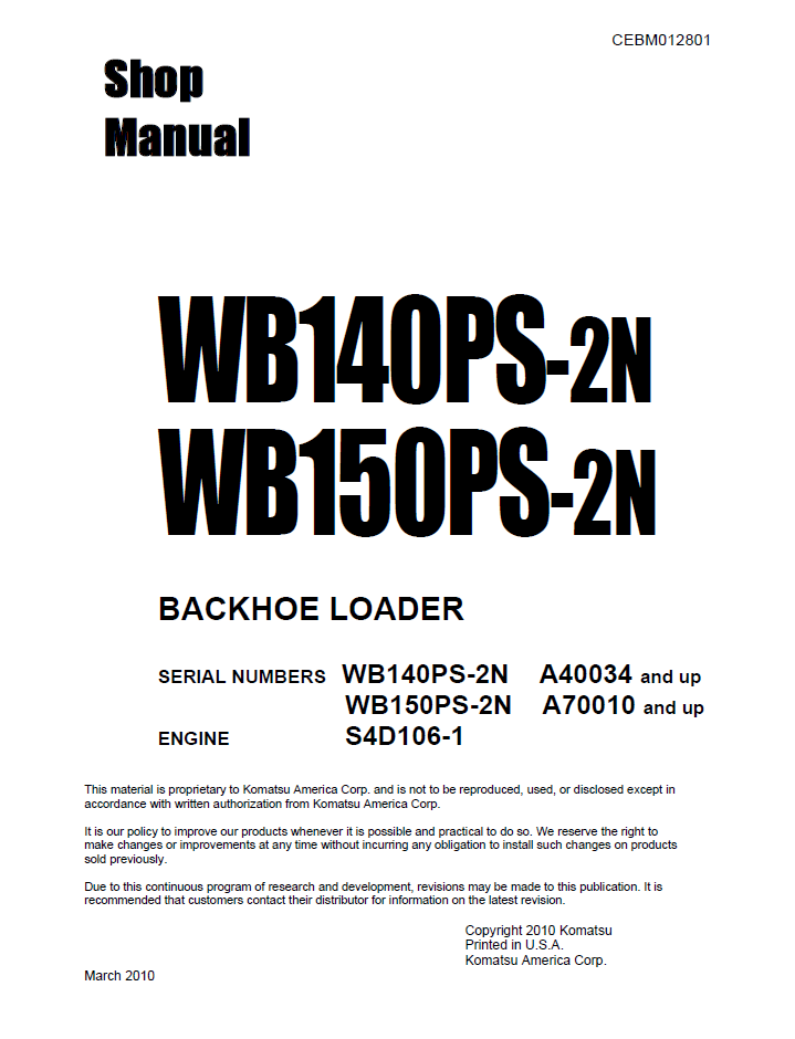 Komatsu WB140PS-2N WB150PS-2N Shop Manual CEBM012801