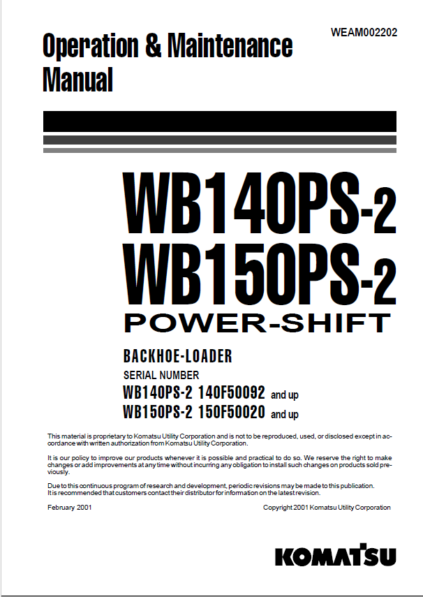 Komatsu WB140PS-2, WB150PS-2 Backhoe Loader Operation & Maintenance Manual PDF