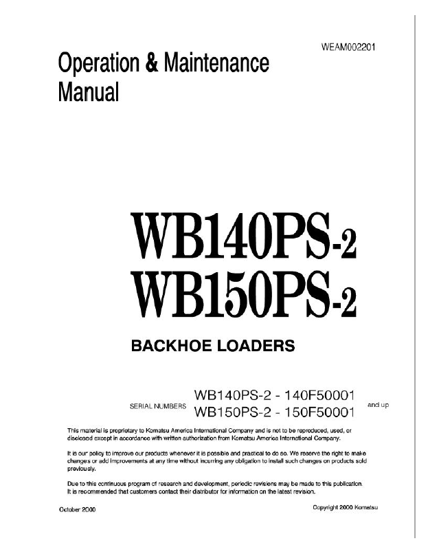Komatsu WB140PS-2 & WB150PS-2 Backhoe Loader Operation & Maintenance Manual PDF