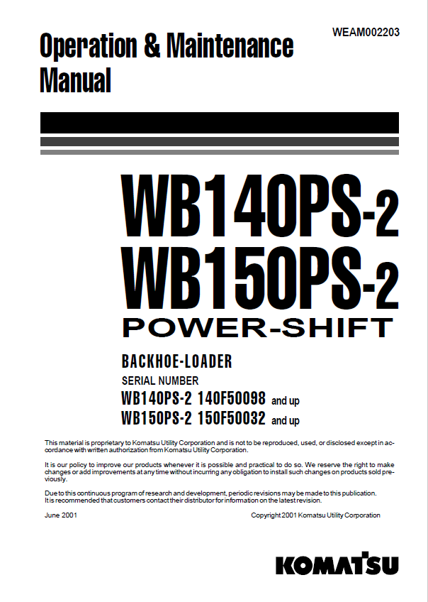 Komatsu WB140PS-2, WB150PS-2 Power Shift Backhoe Loader Operation & Maintenance Manual PDF