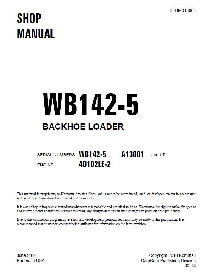 Komatsu WB142-5 Backhoe Loader Official Shop Manual CEBM018903 PDF