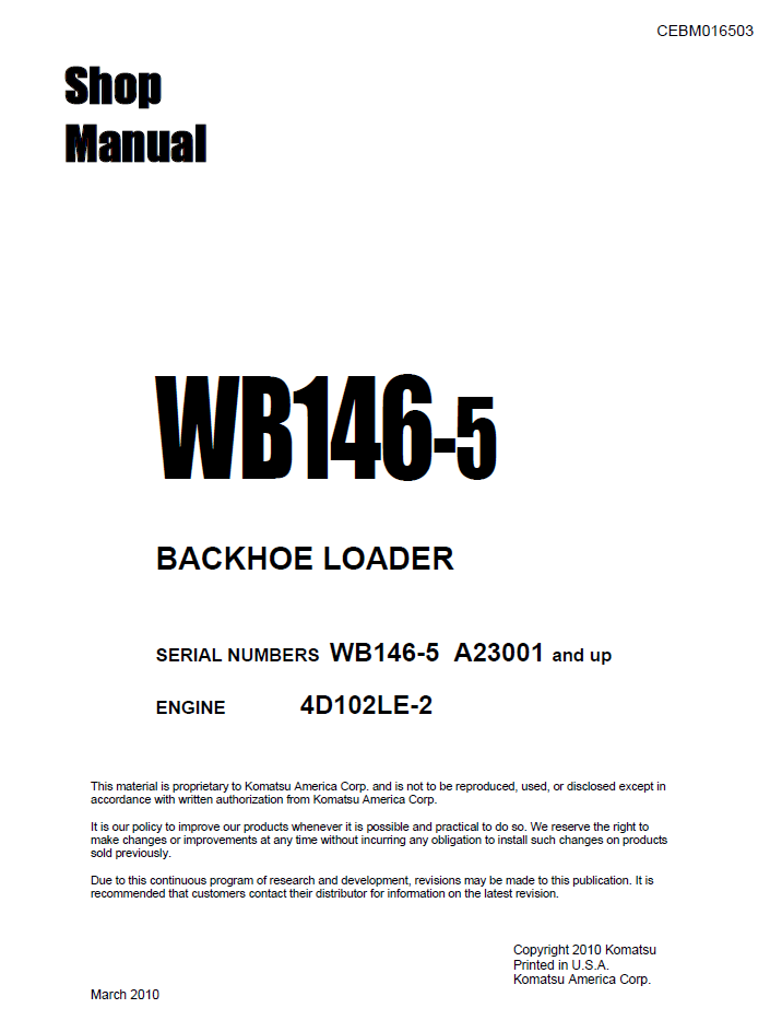 Komatsu WB146-5 Backhoe Loader Shop Manual | CEBM016503