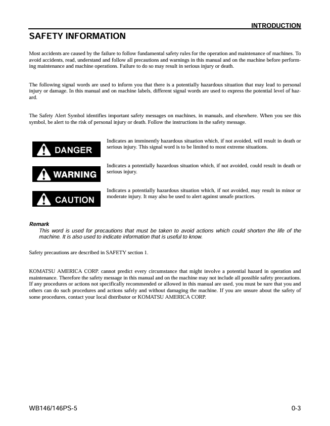 Komatsu WB146-5 WB146PS-5 Backhoe Loader Maintenance Manual