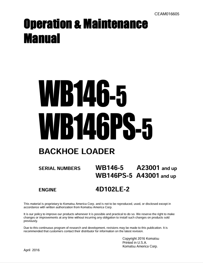Komatsu WB146-5 WB146PS-5 Backhoe Loader Operation Manual PDF